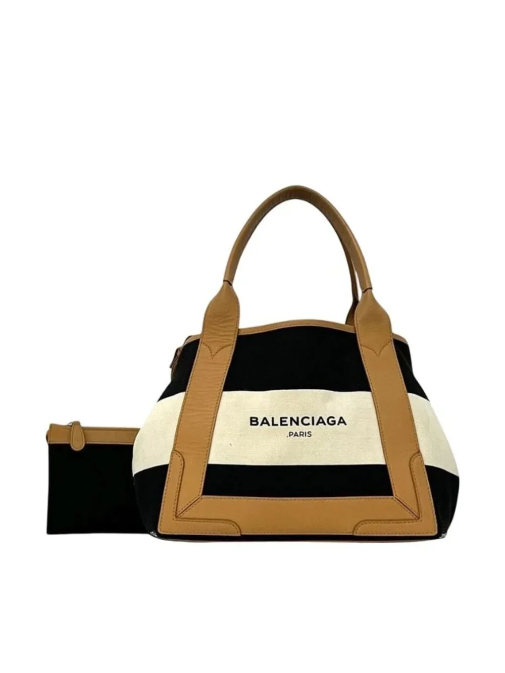 Balenciaga Tote Navy Cabas S Beige Black D Canvas Leather Border Handbag
